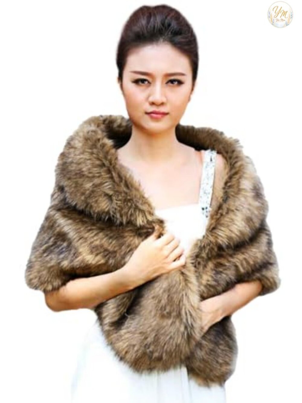 Faux Fur Bridal Wrap Shawl with Rhinestone Brooch for Women Winter Wedding Stole